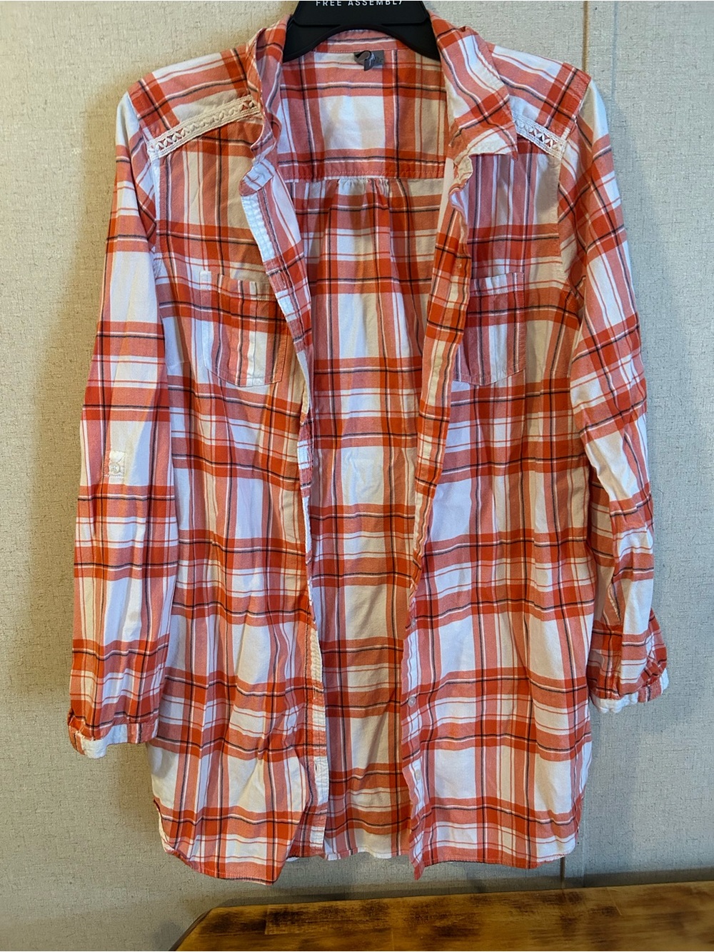 Orange blue and white plaid button up small spot on upper left shoulder shown in